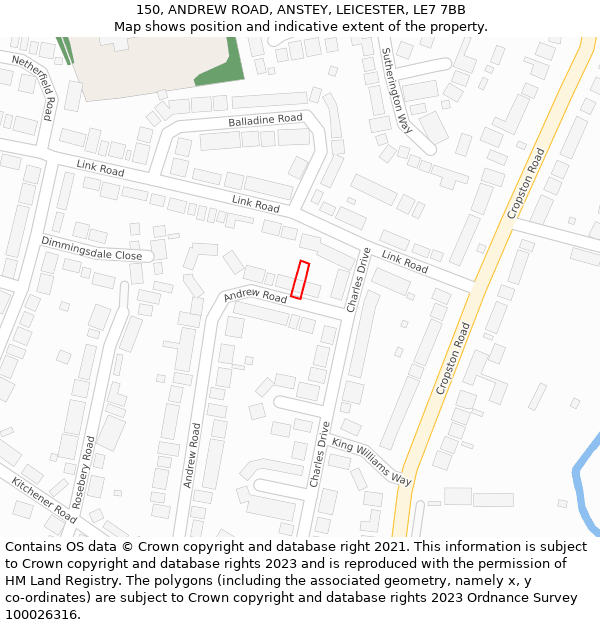 150, ANDREW ROAD, ANSTEY, LEICESTER, LE7 7BB: Location map and indicative extent of plot