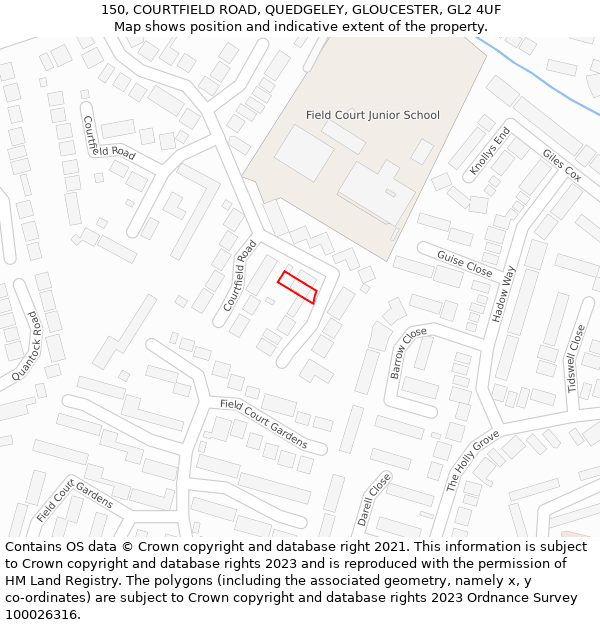 150, COURTFIELD ROAD, QUEDGELEY, GLOUCESTER, GL2 4UF: Location map and indicative extent of plot