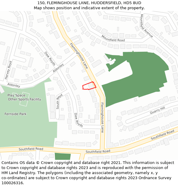 150, FLEMINGHOUSE LANE, HUDDERSFIELD, HD5 8UD: Location map and indicative extent of plot