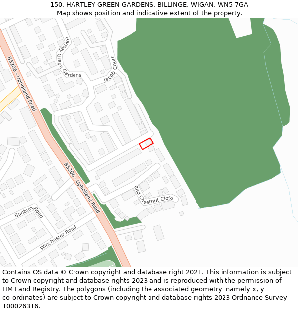150, HARTLEY GREEN GARDENS, BILLINGE, WIGAN, WN5 7GA: Location map and indicative extent of plot