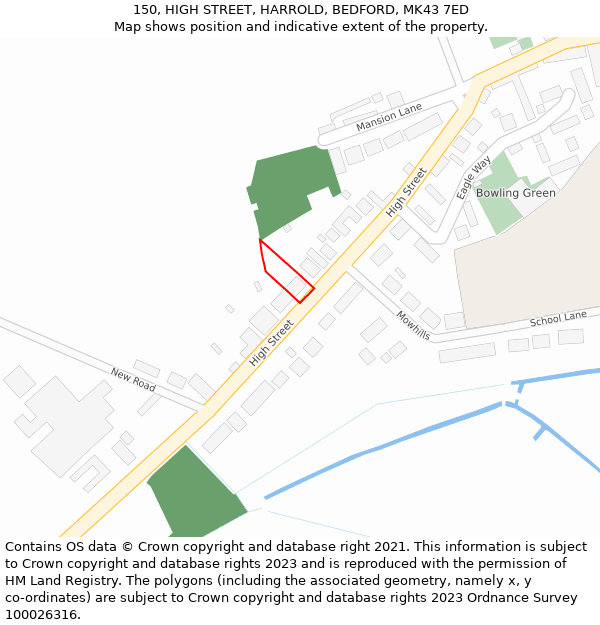 150, HIGH STREET, HARROLD, BEDFORD, MK43 7ED: Location map and indicative extent of plot