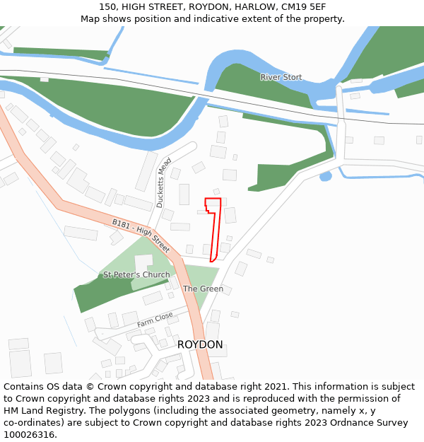 150, HIGH STREET, ROYDON, HARLOW, CM19 5EF: Location map and indicative extent of plot