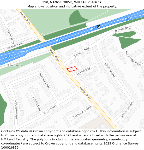 150, MANOR DRIVE, WIRRAL, CH49 4PJ: Location map and indicative extent of plot