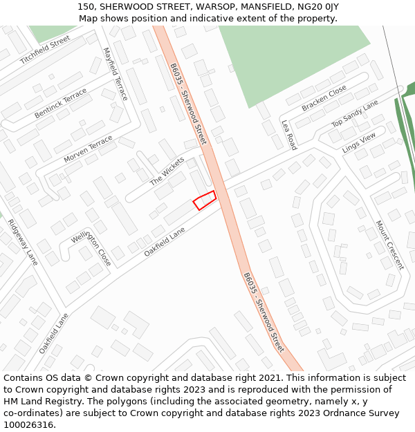 150, SHERWOOD STREET, WARSOP, MANSFIELD, NG20 0JY: Location map and indicative extent of plot