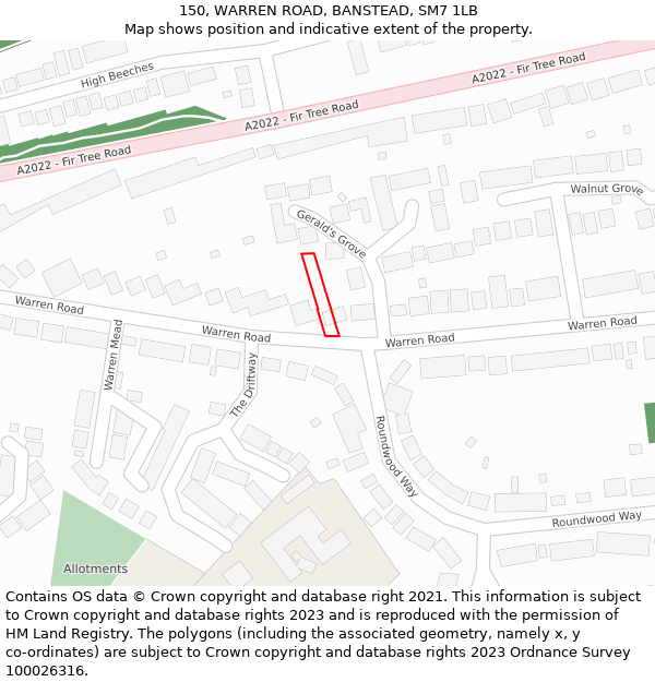 150, WARREN ROAD, BANSTEAD, SM7 1LB: Location map and indicative extent of plot