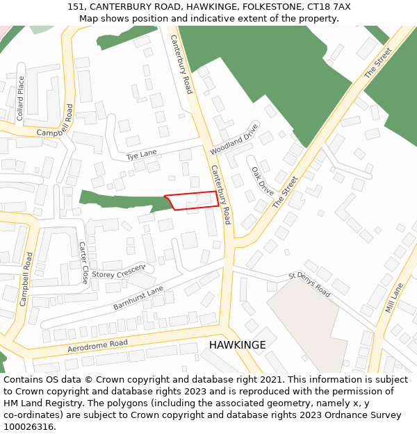 151, CANTERBURY ROAD, HAWKINGE, FOLKESTONE, CT18 7AX: Location map and indicative extent of plot