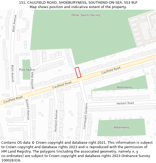 151, CAULFIELD ROAD, SHOEBURYNESS, SOUTHEND-ON-SEA, SS3 9LP: Location map and indicative extent of plot