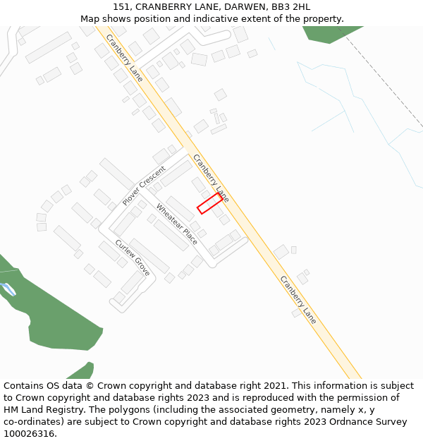 151, CRANBERRY LANE, DARWEN, BB3 2HL: Location map and indicative extent of plot