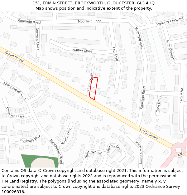 151, ERMIN STREET, BROCKWORTH, GLOUCESTER, GL3 4HQ: Location map and indicative extent of plot