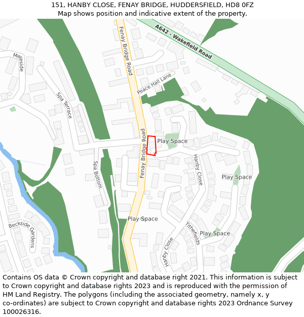 151, HANBY CLOSE, FENAY BRIDGE, HUDDERSFIELD, HD8 0FZ: Location map and indicative extent of plot