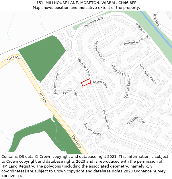 151, MILLHOUSE LANE, MORETON, WIRRAL, CH46 6EF: Location map and indicative extent of plot