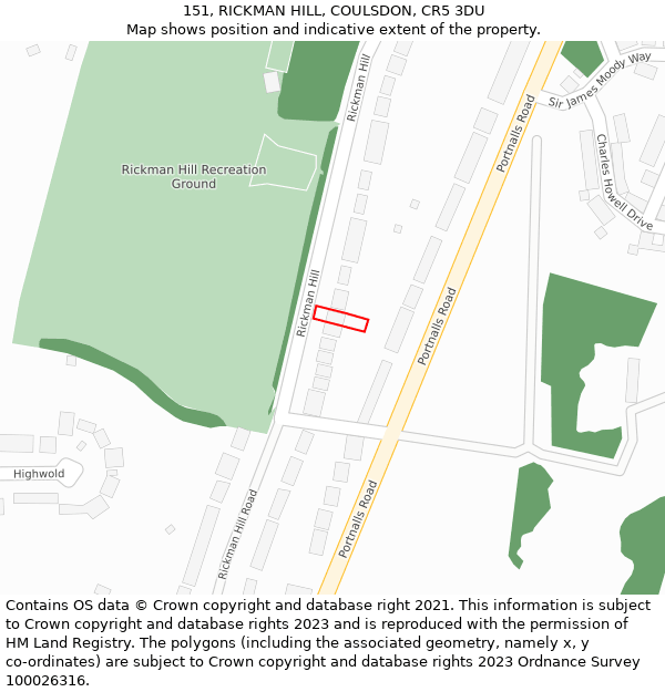 151, RICKMAN HILL, COULSDON, CR5 3DU: Location map and indicative extent of plot