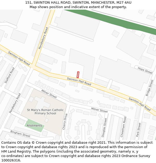 151, SWINTON HALL ROAD, SWINTON, MANCHESTER, M27 4AU: Location map and indicative extent of plot
