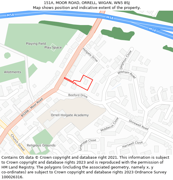 151A, MOOR ROAD, ORRELL, WIGAN, WN5 8SJ: Location map and indicative extent of plot