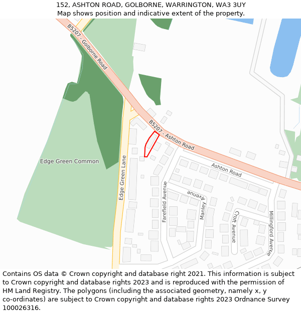 152, ASHTON ROAD, GOLBORNE, WARRINGTON, WA3 3UY: Location map and indicative extent of plot