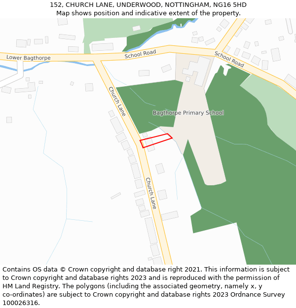 152, CHURCH LANE, UNDERWOOD, NOTTINGHAM, NG16 5HD: Location map and indicative extent of plot