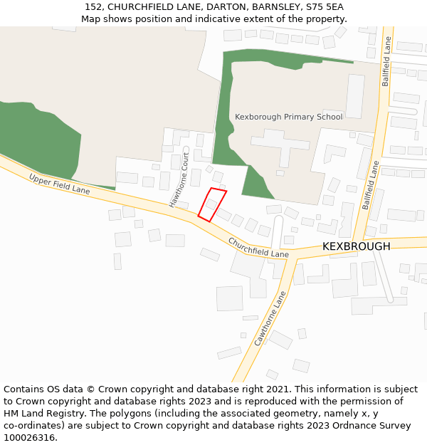 152, CHURCHFIELD LANE, DARTON, BARNSLEY, S75 5EA: Location map and indicative extent of plot