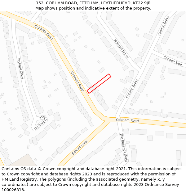 152, COBHAM ROAD, FETCHAM, LEATHERHEAD, KT22 9JR: Location map and indicative extent of plot