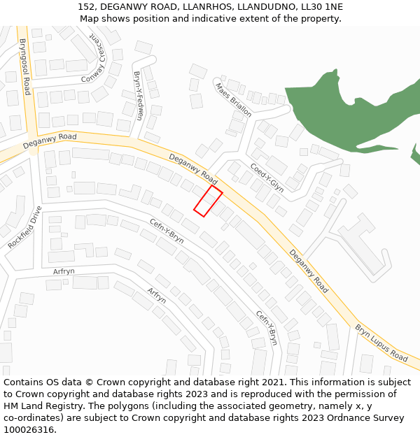 152, DEGANWY ROAD, LLANRHOS, LLANDUDNO, LL30 1NE: Location map and indicative extent of plot