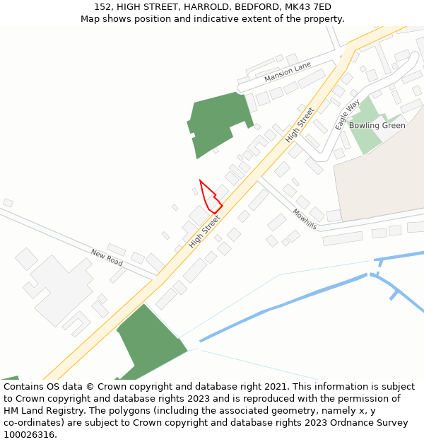 152, HIGH STREET, HARROLD, BEDFORD, MK43 7ED: Location map and indicative extent of plot