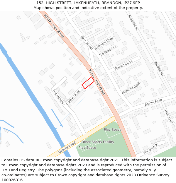 152, HIGH STREET, LAKENHEATH, BRANDON, IP27 9EP: Location map and indicative extent of plot