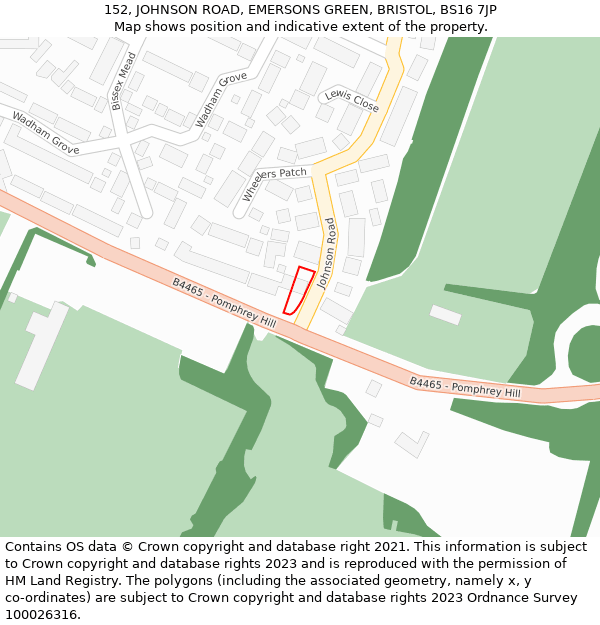 152, JOHNSON ROAD, EMERSONS GREEN, BRISTOL, BS16 7JP: Location map and indicative extent of plot