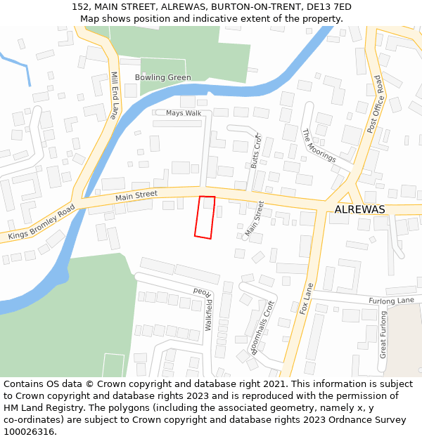 152, MAIN STREET, ALREWAS, BURTON-ON-TRENT, DE13 7ED: Location map and indicative extent of plot