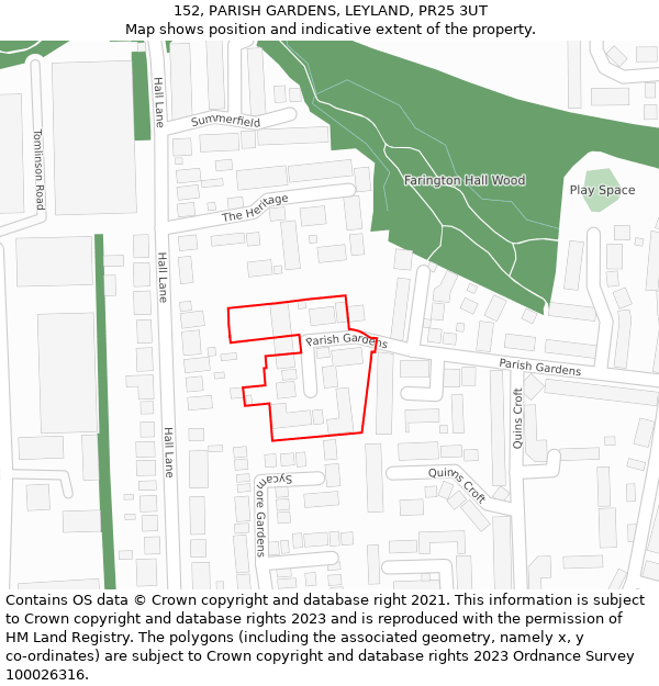152, PARISH GARDENS, LEYLAND, PR25 3UT: Location map and indicative extent of plot