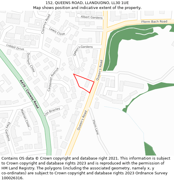 152, QUEENS ROAD, LLANDUDNO, LL30 1UE: Location map and indicative extent of plot