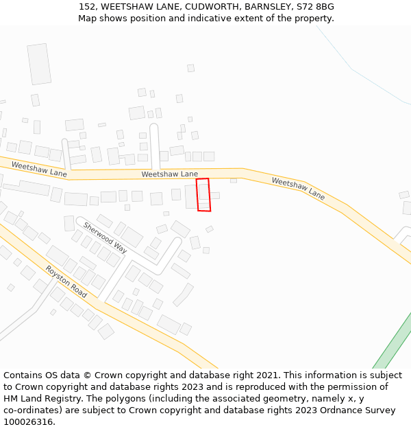 152, WEETSHAW LANE, CUDWORTH, BARNSLEY, S72 8BG: Location map and indicative extent of plot