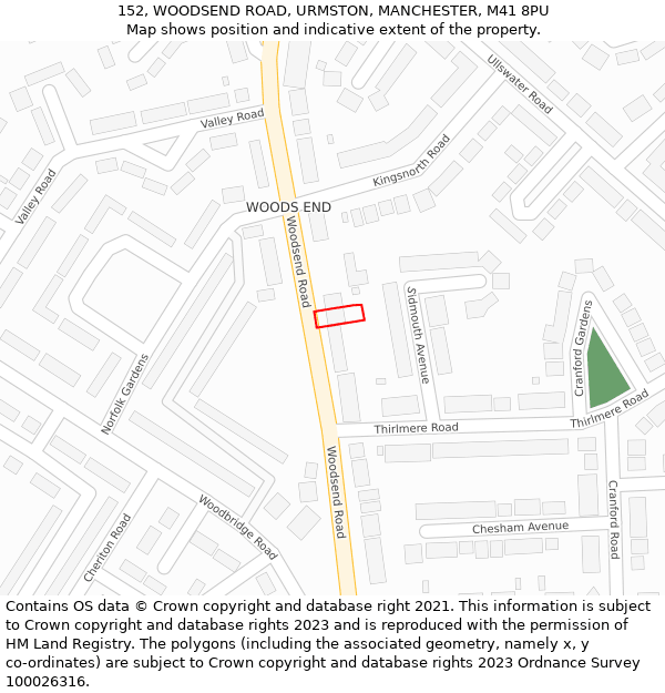 152, WOODSEND ROAD, URMSTON, MANCHESTER, M41 8PU: Location map and indicative extent of plot