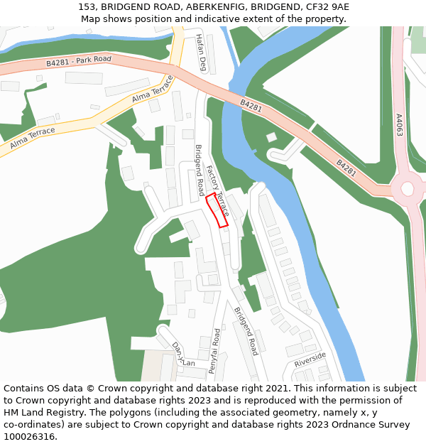 153, BRIDGEND ROAD, ABERKENFIG, BRIDGEND, CF32 9AE: Location map and indicative extent of plot