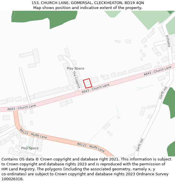 153, CHURCH LANE, GOMERSAL, CLECKHEATON, BD19 4QN: Location map and indicative extent of plot