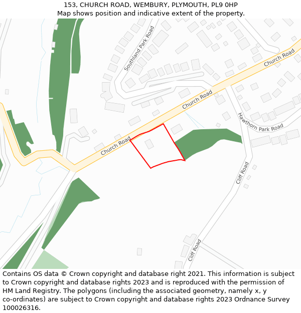 153, CHURCH ROAD, WEMBURY, PLYMOUTH, PL9 0HP: Location map and indicative extent of plot