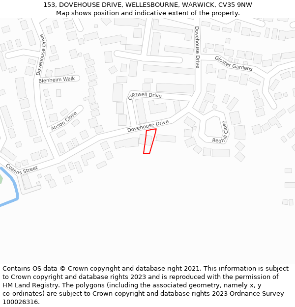 153, DOVEHOUSE DRIVE, WELLESBOURNE, WARWICK, CV35 9NW: Location map and indicative extent of plot