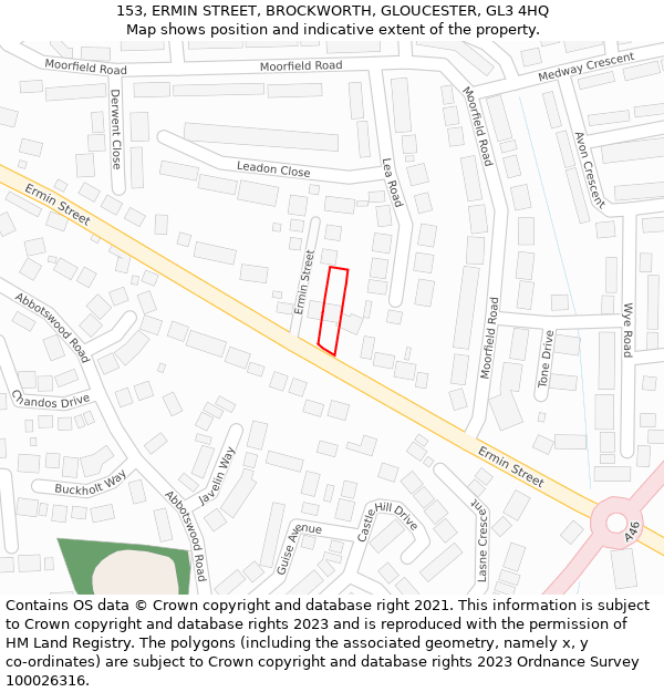 153, ERMIN STREET, BROCKWORTH, GLOUCESTER, GL3 4HQ: Location map and indicative extent of plot