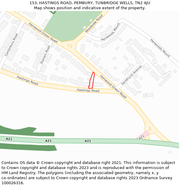 153, HASTINGS ROAD, PEMBURY, TUNBRIDGE WELLS, TN2 4JU: Location map and indicative extent of plot