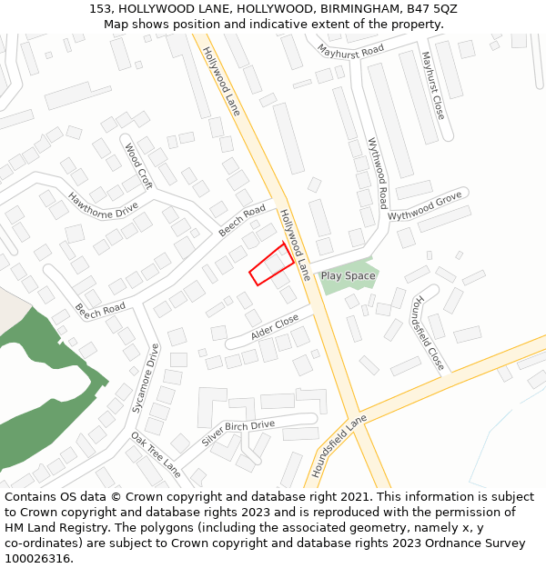 153, HOLLYWOOD LANE, HOLLYWOOD, BIRMINGHAM, B47 5QZ: Location map and indicative extent of plot