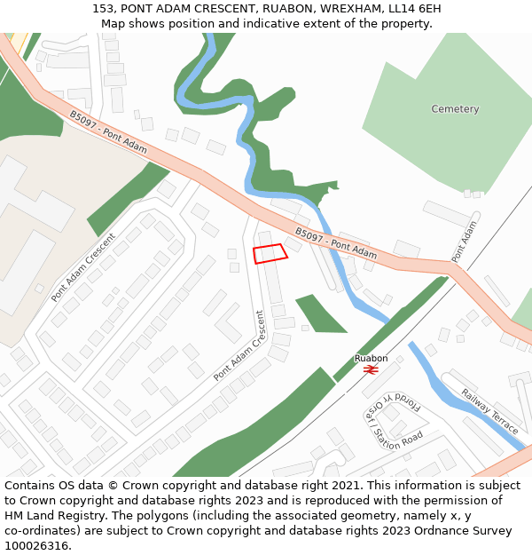 153, PONT ADAM CRESCENT, RUABON, WREXHAM, LL14 6EH: Location map and indicative extent of plot