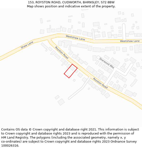 153, ROYSTON ROAD, CUDWORTH, BARNSLEY, S72 8BW: Location map and indicative extent of plot