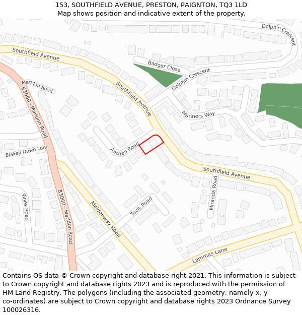 153, SOUTHFIELD AVENUE, PRESTON, PAIGNTON, TQ3 1LD: Location map and indicative extent of plot