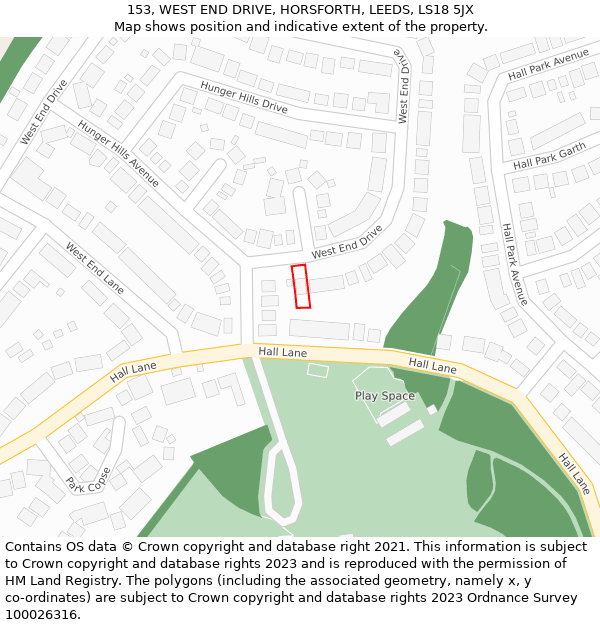 153, WEST END DRIVE, HORSFORTH, LEEDS, LS18 5JX: Location map and indicative extent of plot