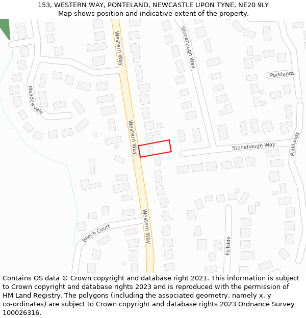 153, WESTERN WAY, PONTELAND, NEWCASTLE UPON TYNE, NE20 9LY: Location map and indicative extent of plot