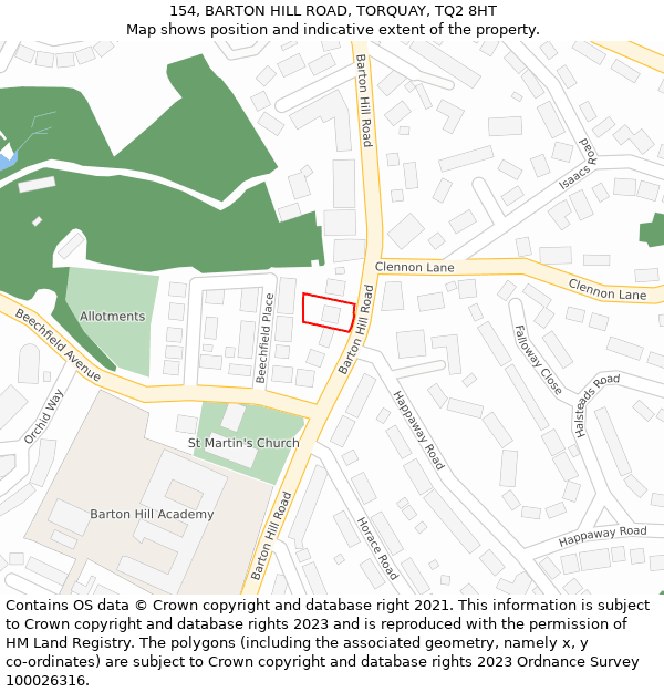 154, BARTON HILL ROAD, TORQUAY, TQ2 8HT: Location map and indicative extent of plot