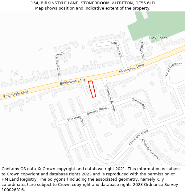 154, BIRKINSTYLE LANE, STONEBROOM, ALFRETON, DE55 6LD: Location map and indicative extent of plot