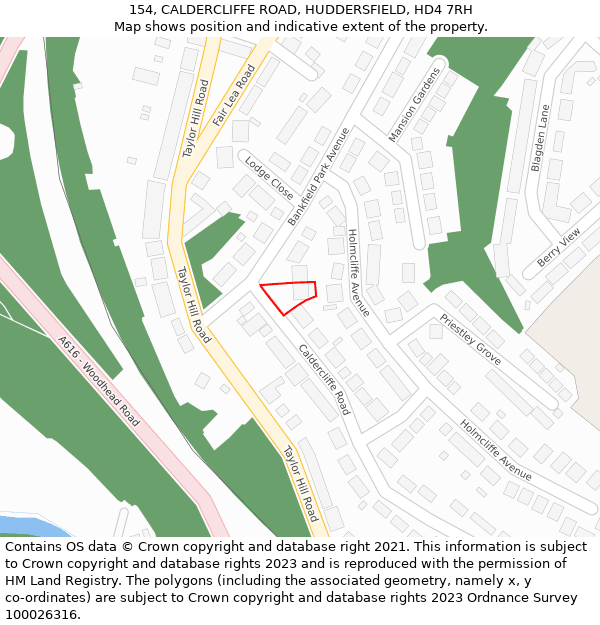 154, CALDERCLIFFE ROAD, HUDDERSFIELD, HD4 7RH: Location map and indicative extent of plot