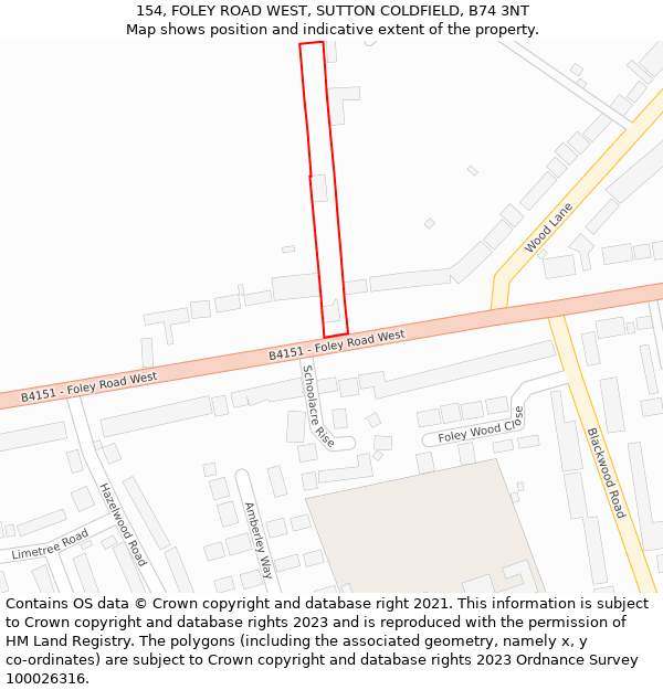 154, FOLEY ROAD WEST, SUTTON COLDFIELD, B74 3NT: Location map and indicative extent of plot