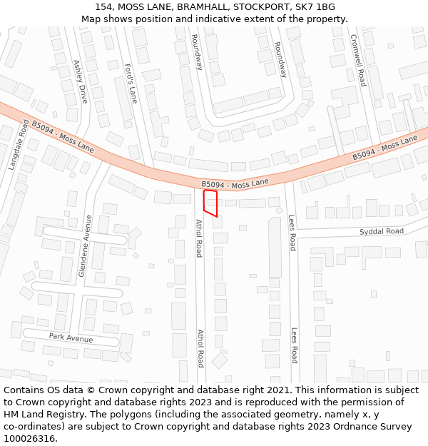 154, MOSS LANE, BRAMHALL, STOCKPORT, SK7 1BG: Location map and indicative extent of plot