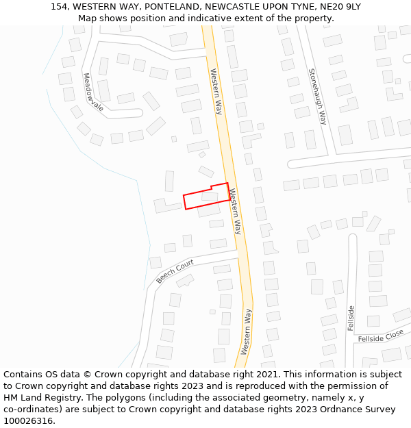 154, WESTERN WAY, PONTELAND, NEWCASTLE UPON TYNE, NE20 9LY: Location map and indicative extent of plot