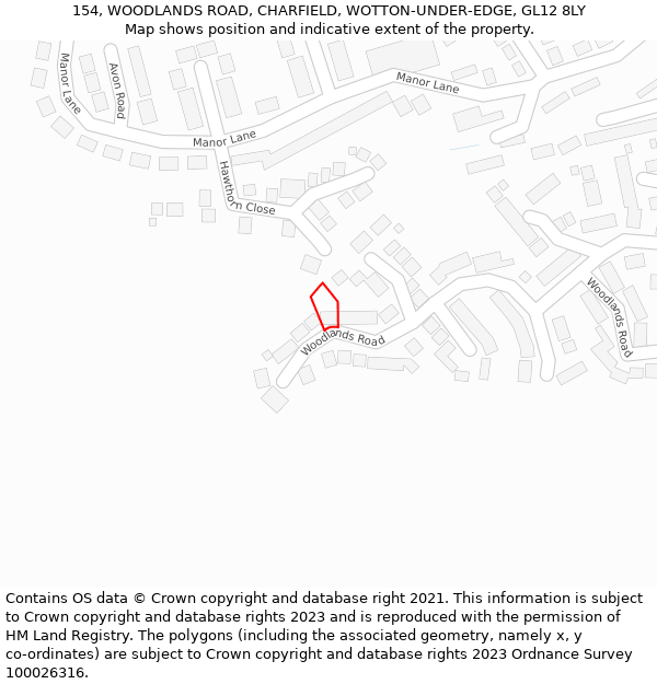 154, WOODLANDS ROAD, CHARFIELD, WOTTON-UNDER-EDGE, GL12 8LY: Location map and indicative extent of plot